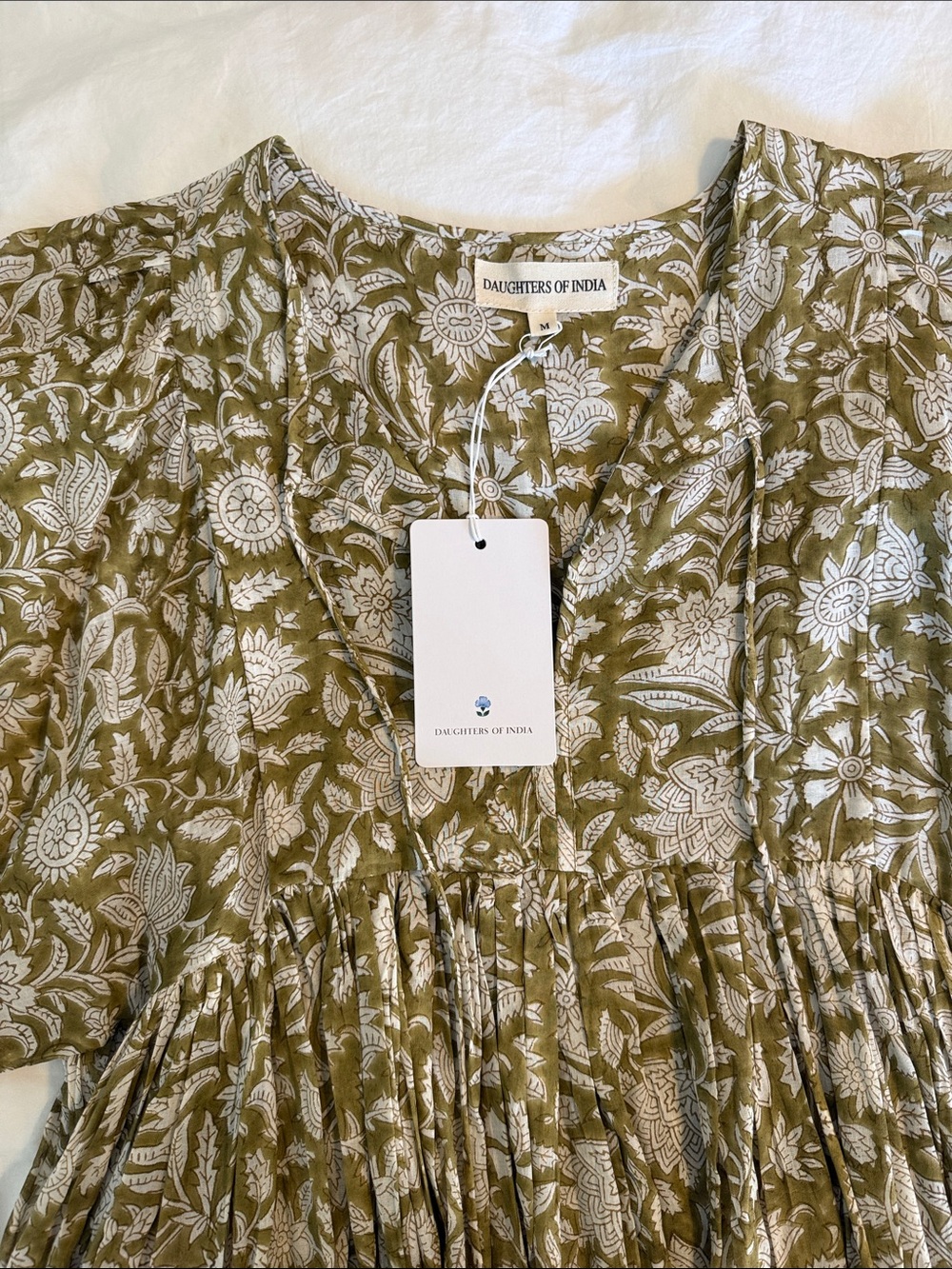 Daughters of India 100% cotton Olive and White Floral Womenโs Dress